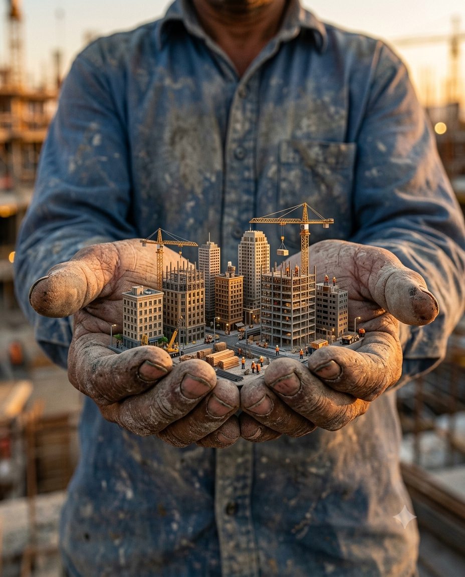 Manos de un trabajador sosteniendo una ciudad en construcción, símbolo de la obra mexicana