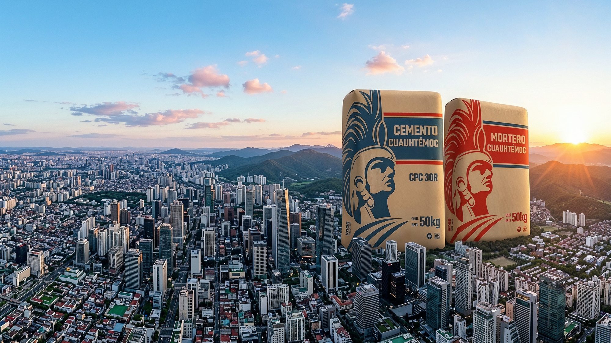 Bultos monumentales de Cemento CPC 30R y Mortero Cuauhtémoc sobre la ciudad y las montañas del Estado de México